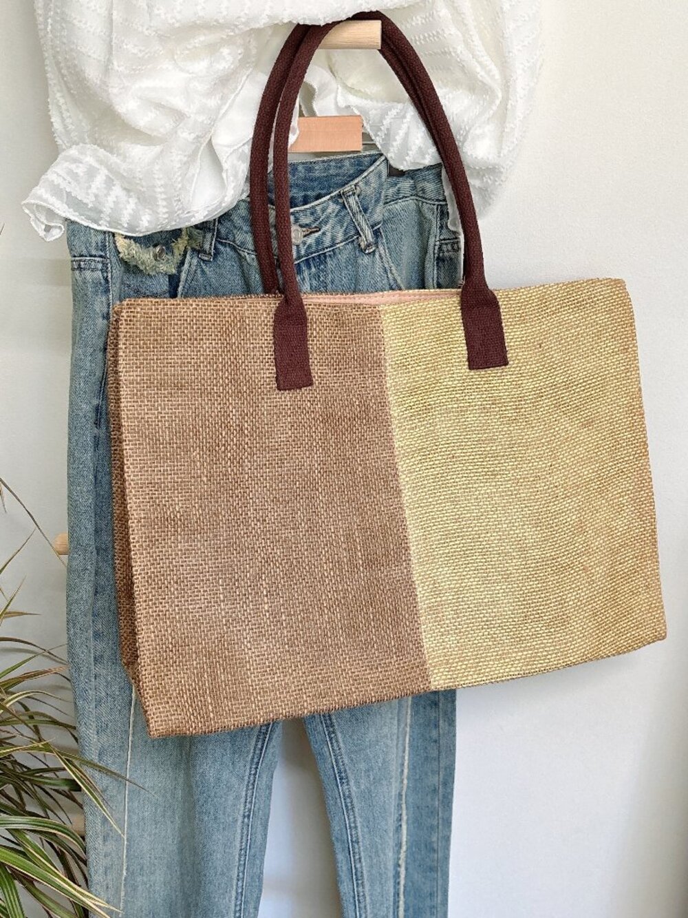 Two-Tone Natural Jute Straw Tote Bag with Brown Handles